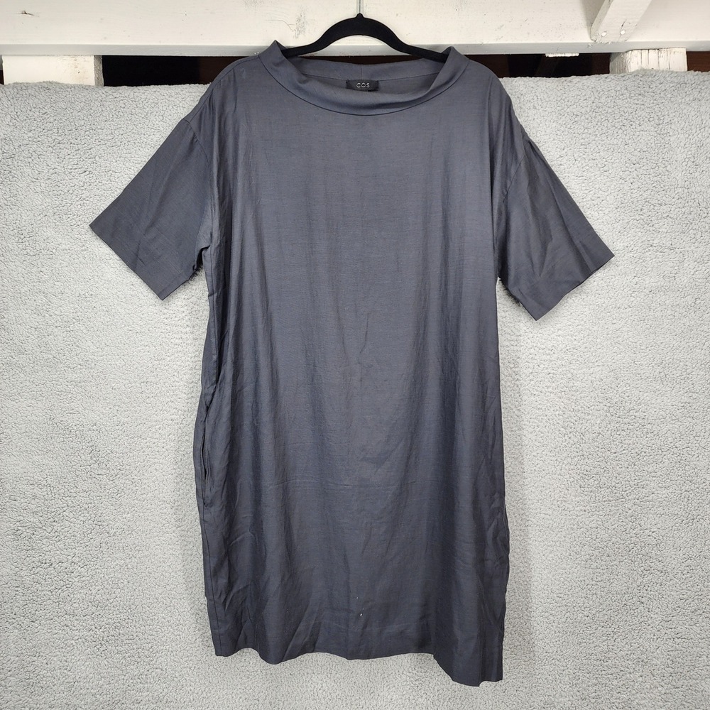 COS Grey Cupro Blend Rolled Neck Short Sleeve Shift Midi Dress Womens 12